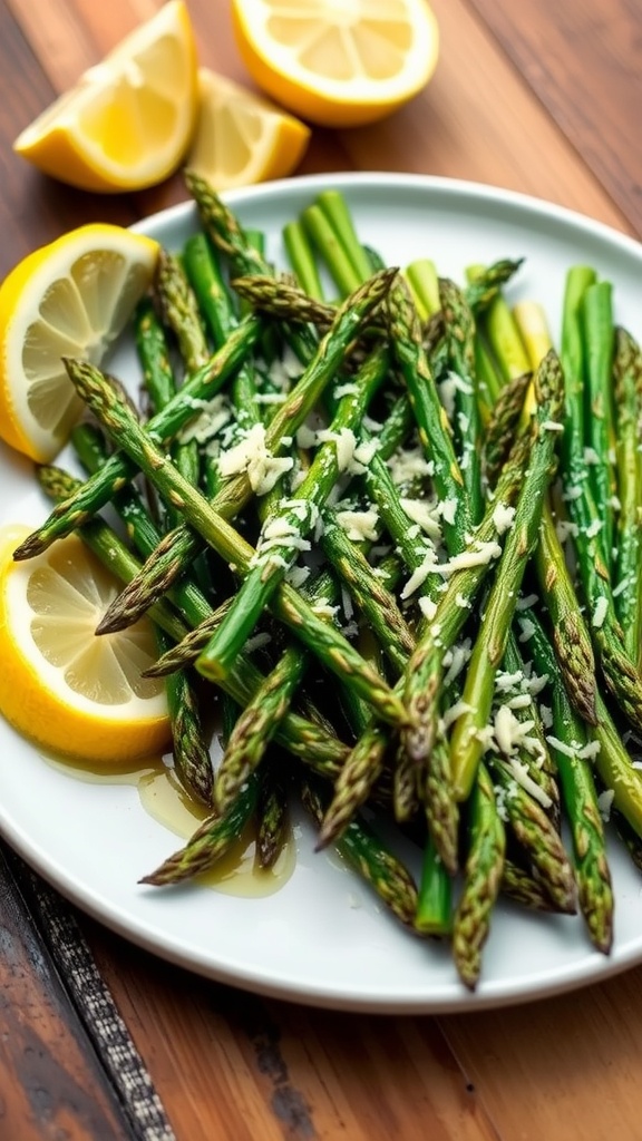 Roasted asparagus with garlic and Parmesan cheese on a rustic wooden table, served with lemon wedges.